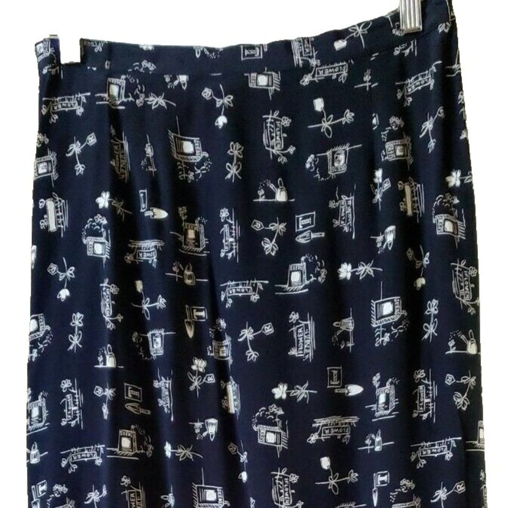 Talbots Flower Gardening Theme Print Black Pull on A Line Skirt USA Made Size 10